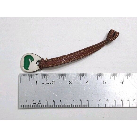 Dooney & Bourke Silver Chrome Green Brown Leather Duck Logo Fob Charm Bag Tag - Picture 3 of 3